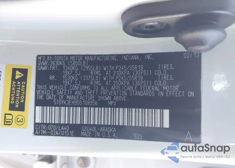 2013 Toyota Highlander Limited V6 из США, поврежденный, VIN 5TDYK3EH9DS108956